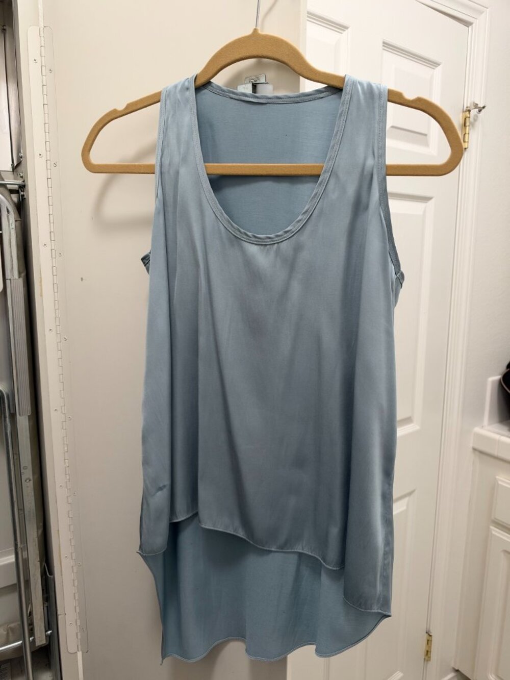 BCBG Light Blue Satin Sleeveless Top High Low Hem